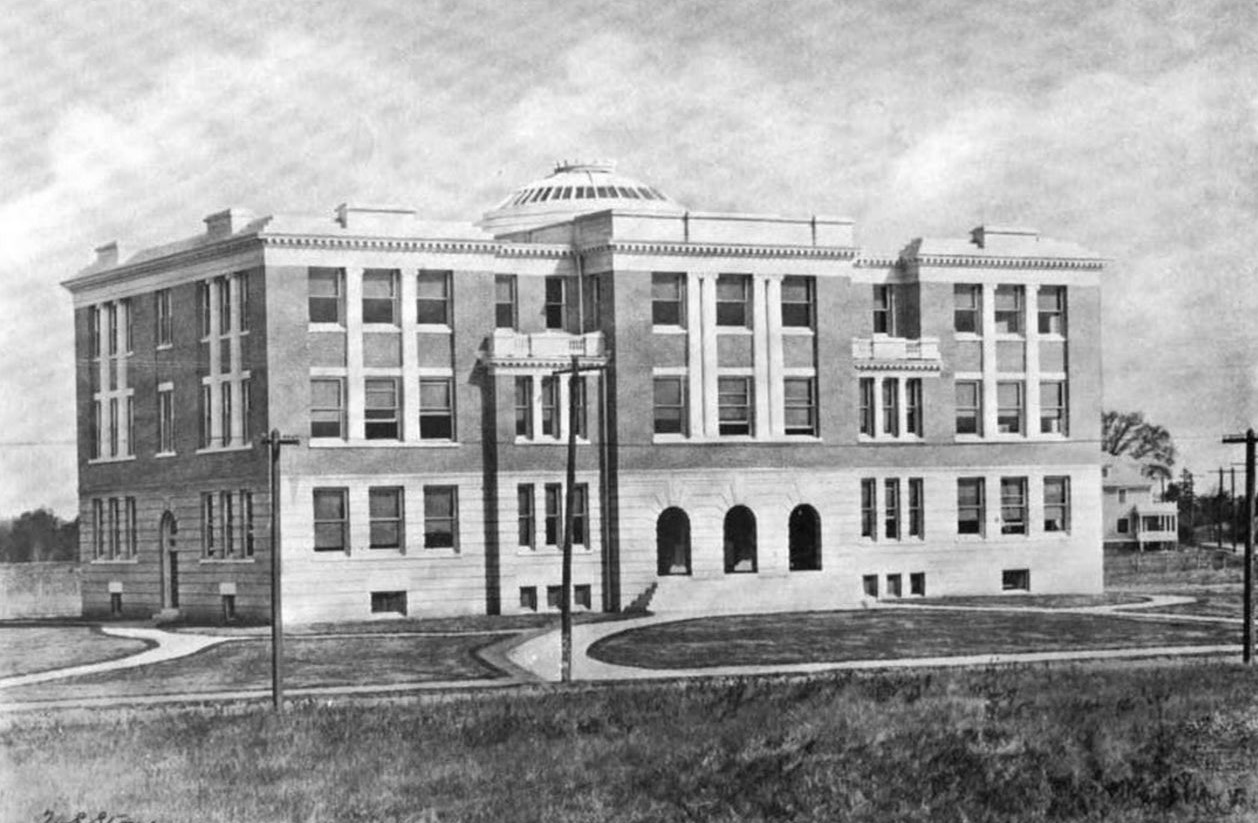 The new Cranston High School at Park and Pontiac Avenues, photographed in 1904. It later became the William A. Briggs Building.