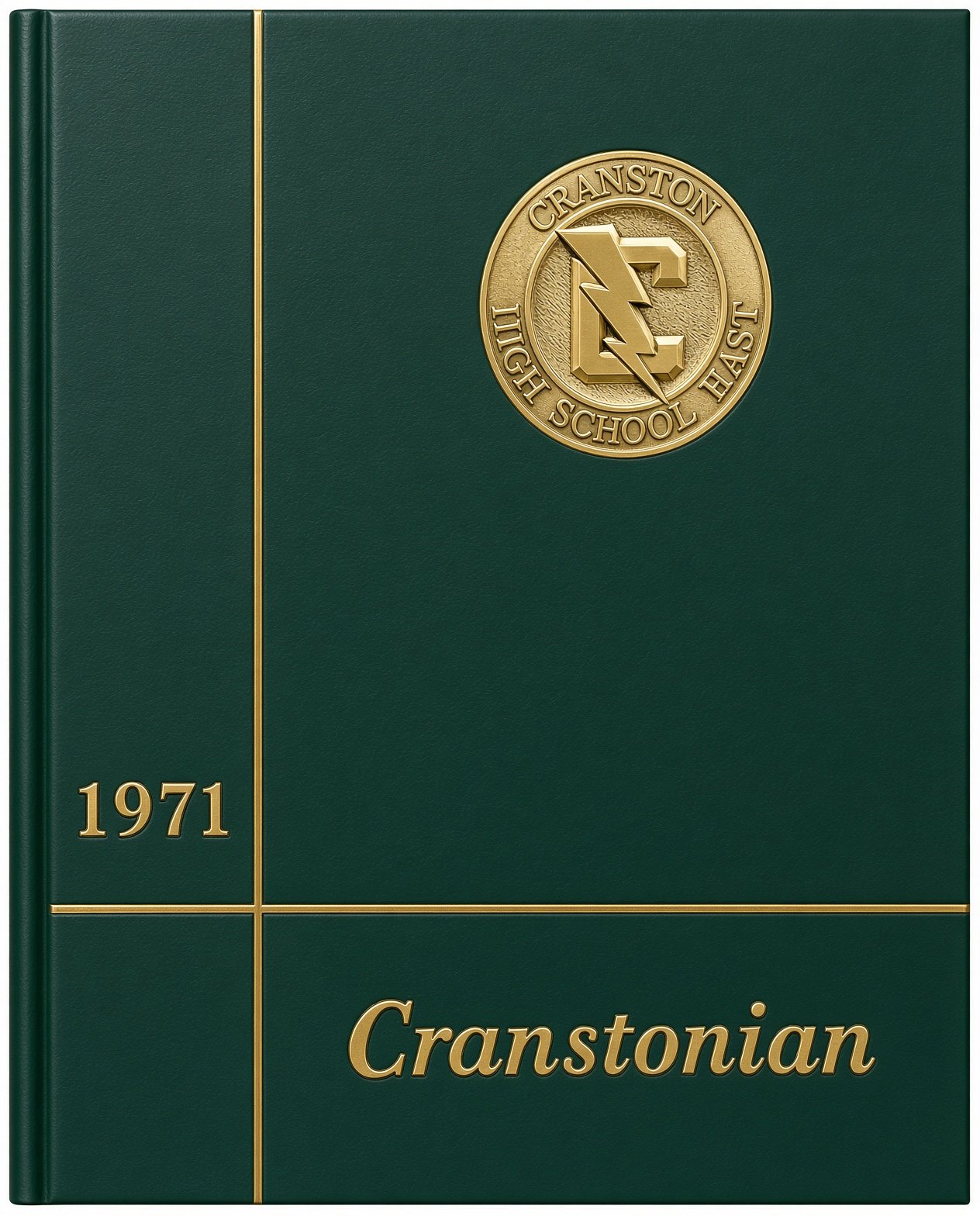 1971 Cranstonian yearbook cover: green leather with gold Cranston High School East seal and Cranstonian script